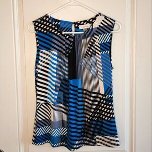 Calvin Klein Sleeveless Pleat Neck Top Cami Tank Medium Blue Black multi